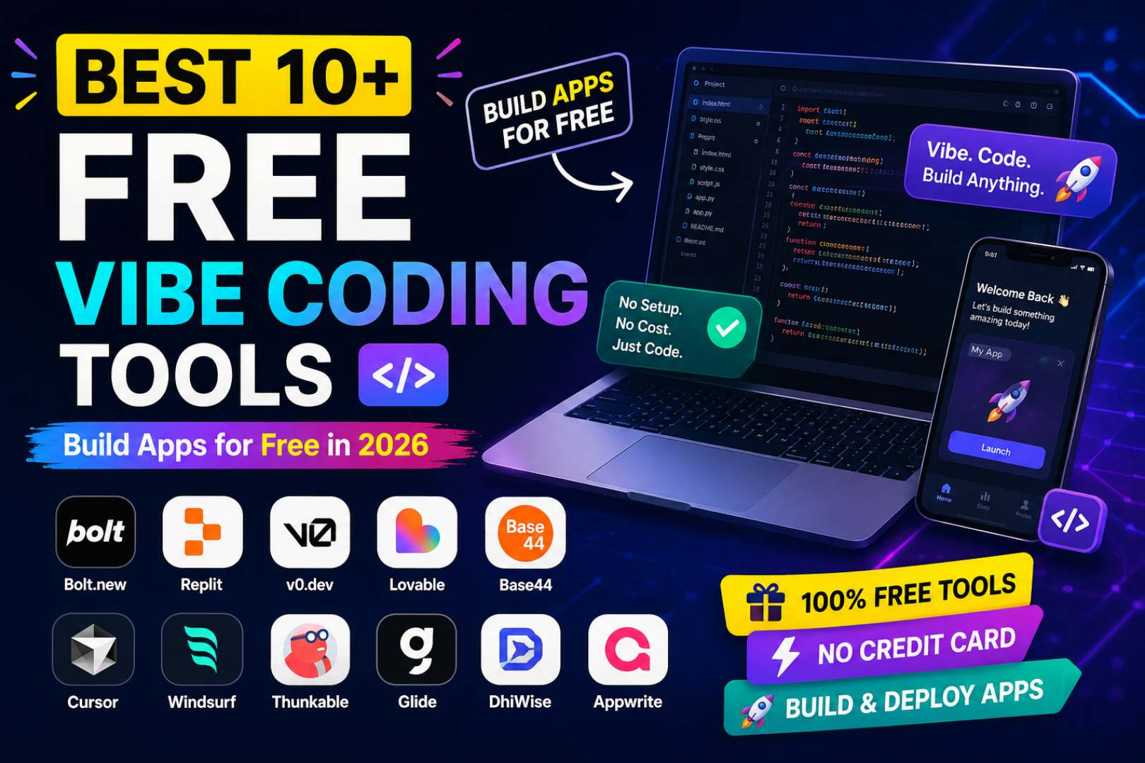 Best 10+ Free Vibe Coding Tools | Build Apps for Free in 2026